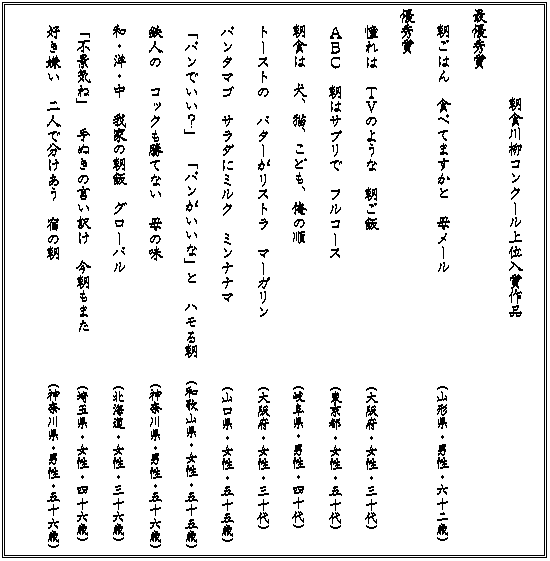 朝食川柳コンクール上位入賞作品